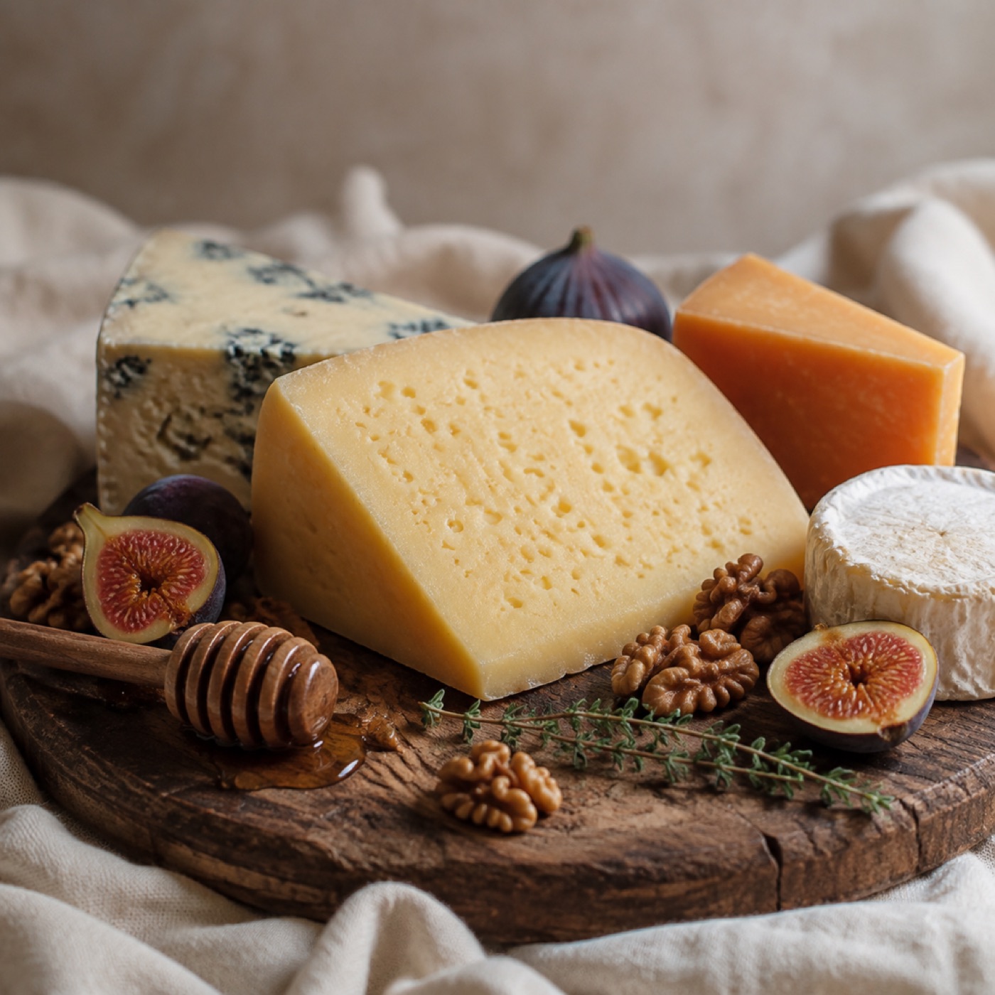 A board of cheese, figs, walnuts and honey